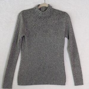 Once Again‎ Vintage Women's Silver Metallic Beaded Mock Neck Sweater Size M